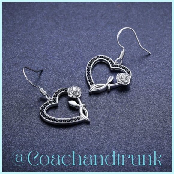 Sterling Silver French Hook Channel Set Black Spinel Heart and Rose Earrings - Picture 3 of 5